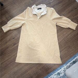 Pomander Place Beige Tunic Top with Cream Ruffled Collar